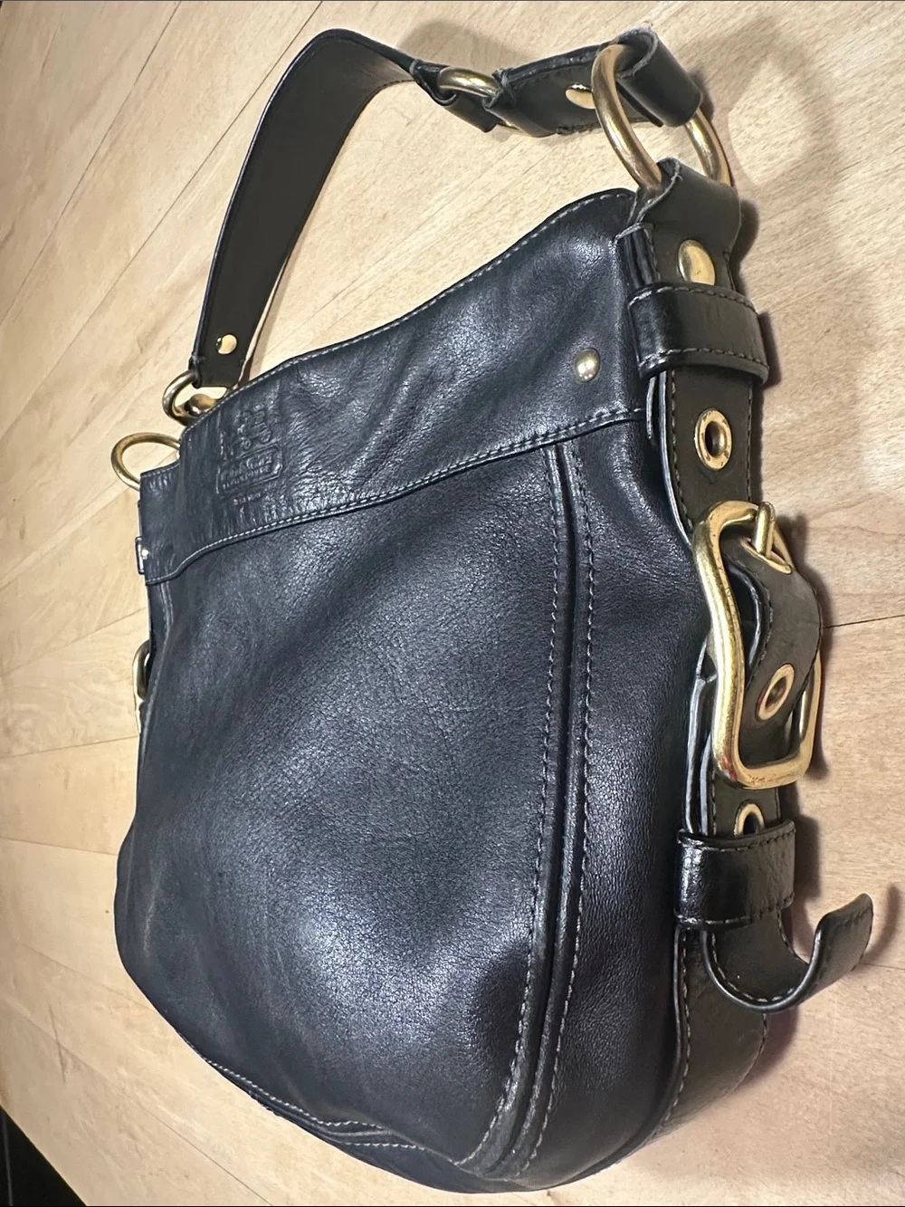 Coach Zoe Black Leather Hobo Shoulder Bag with Gold Hardware